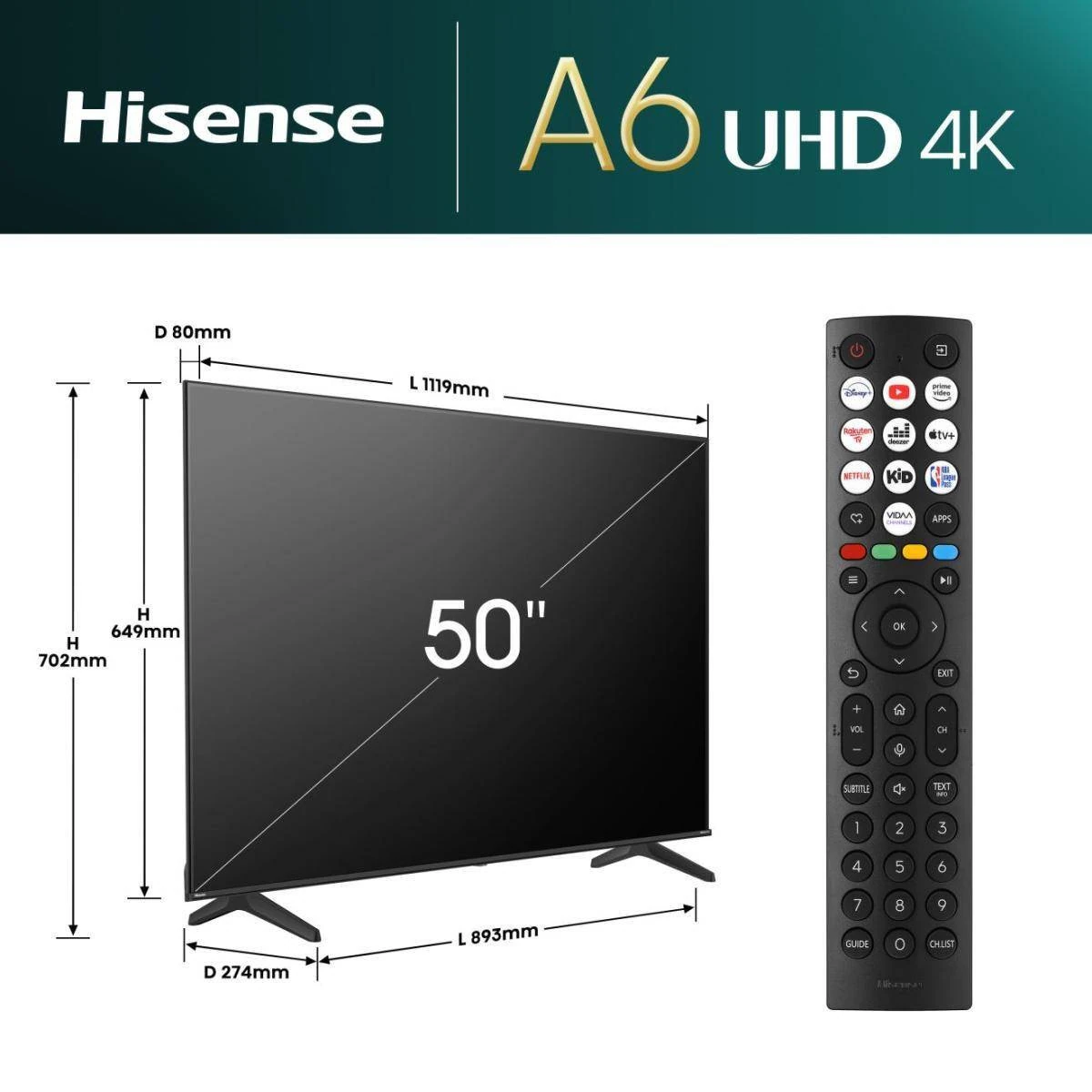 Hisense 50A61Q Television - 50 Inch - 4K Ultra HD - Smart TV - DLED Panel - Black