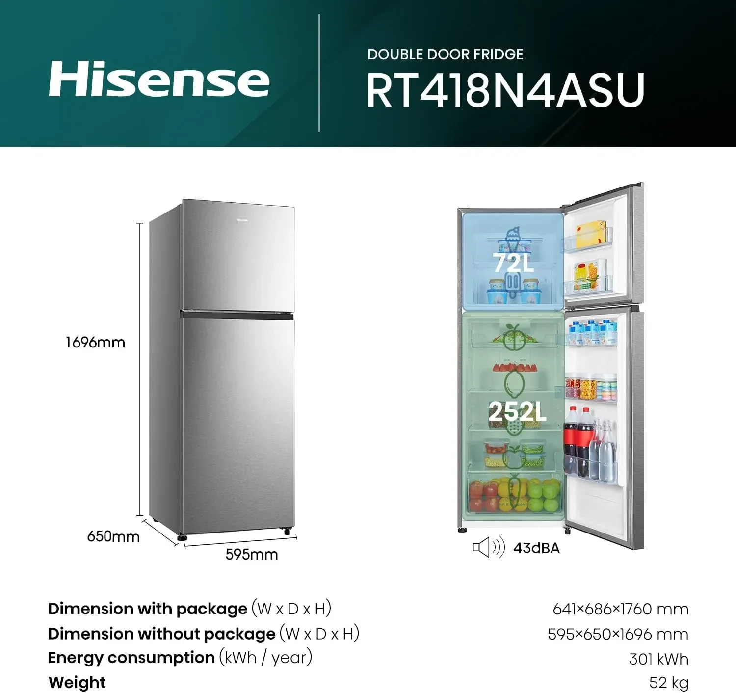 Hisense RT418N4ASU Refrigerator - 418 L - 15 Ft - Inverter - Silver