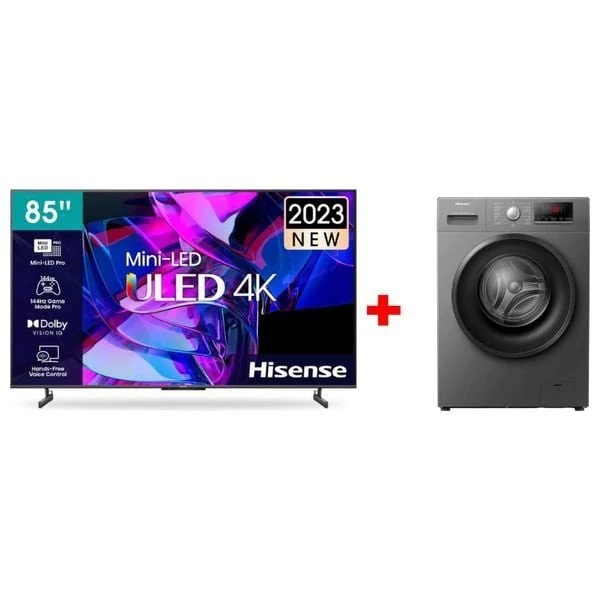 Hisense 85-Inch 85U7K Series - Smart - 4K - LED - 120Hz + Hisense WFPV8012EMT - 8Kg - 1200RPM - Front Loading Washing Machine - Gray