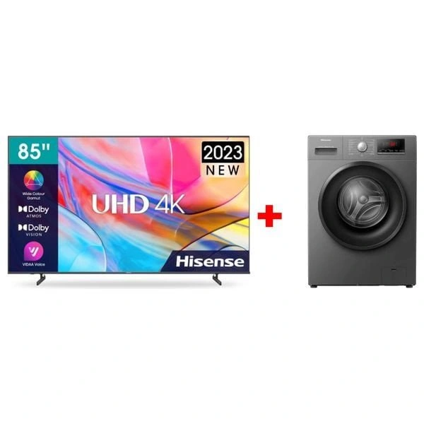 Hisense 85-Inch 85A7K Series - Smart - 4K - LED - 60Hz + Hisense WFPV8012EMT - 8Kg - 1200RPM - Front Loading Washing Machine - Gray