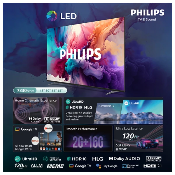  شاشة فيليبس 55-انج - جوجل تي في 4K LED - دولبي اوديو - 120 هيرتز DLG - HDR10 