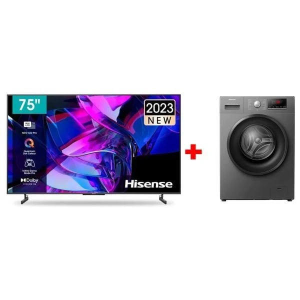 Hisense 75-Inch U7K Series - Smart - 4K - Mini-LED - 144Hz  + Hisense WFPV8012EMT - 8Kg - 1200RPM - Front Loading Washing Machine - Gray