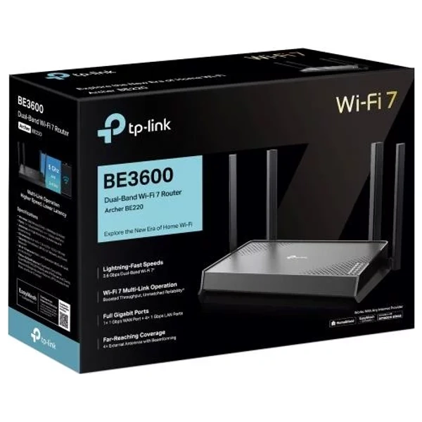  راوتر تي بي لينك Archer BE220 BE3600 - Wi-Fi 7 ثنائي النطاق - سرعة 3.6 Gbps - يدعم MLO و 4K-QAM - 4 هوائيات - منفذ WAN 1Gb - متوافق مع EasyMesh - حماية HomeShield - اسود 