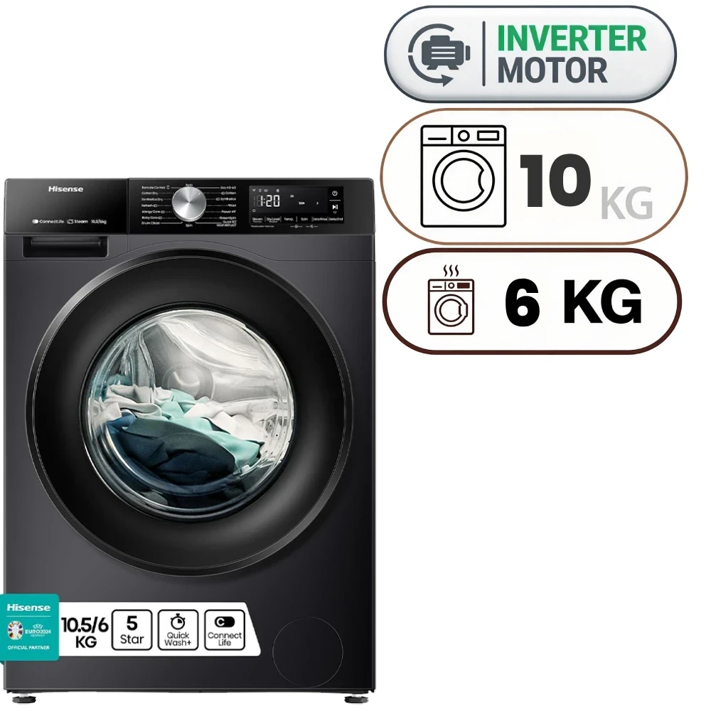 Hisense WD3S1043BT Washing Machine - 10.5 kg - 6 kg Drying - Inverter - Titanium