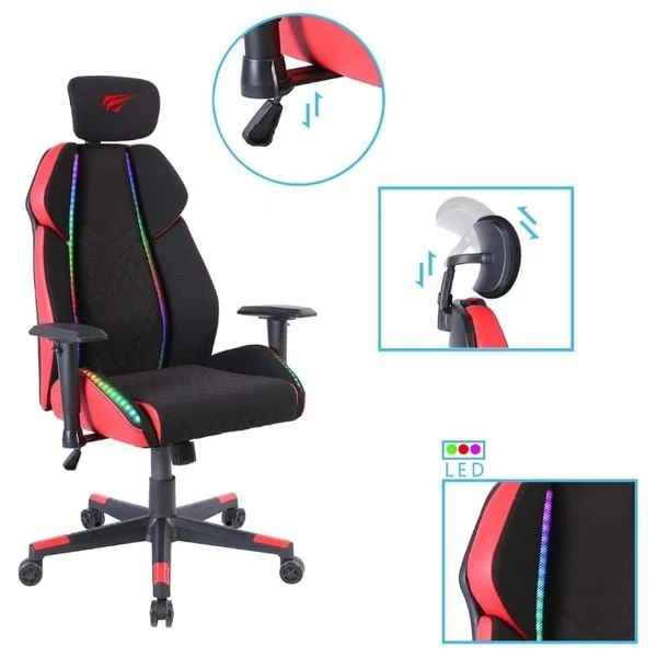  Havit GC938 Gaming Chair - Adjustable armrests for personalized height - built-in LED lighting - Red 